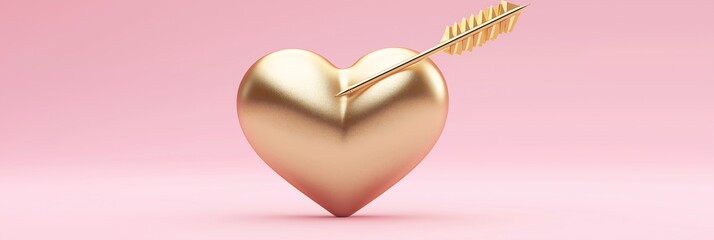 Poster - A delicate cupid arrow piercing through a golden heart, centered on a soft pink background for a romantic Valentinea??s aesthetic