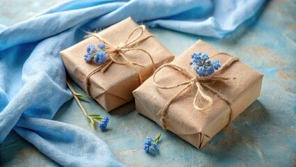 Poster - Two rustic brown wrapped gifts adorned with delicate blue flowers rest on a soft blue textile background.