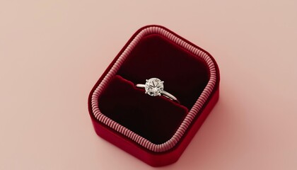 Poster - A glittering diamond ring inside an open red velvet box placed on a plain pale pink background, evoking love and commitment