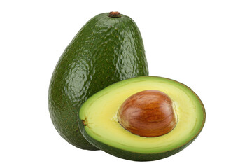 Wall Mural - A ripe avocado, one whole and one halved to show the vibrant green flesh and large seed, isolated on a white background