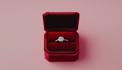 Poster - A glittering diamond ring inside an open red velvet box placed on a plain pale pink background, evoking love and commitment