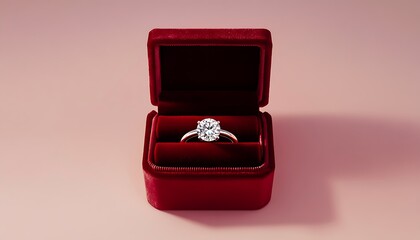 Poster - A glittering diamond ring inside an open red velvet box placed on a plain pale pink background, evoking love and commitment