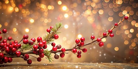 Poster - Festive Winter Branch with Red Berries and Golden Lights Background