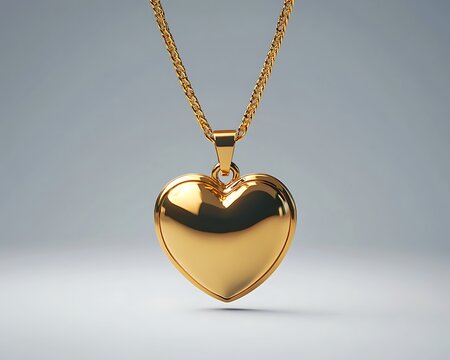 A golden locket in the shape of a heart, hanging from a delicate chain, centered on a plain white background
