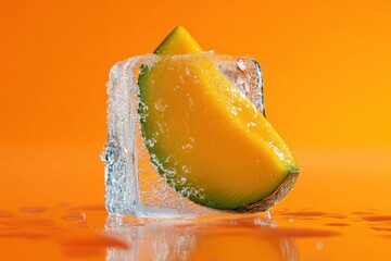 Wall Mural - Frozen Mango Slice in Ice Cube on Orange Background