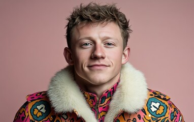 Sticker - A man with a white fur collar and a colorful jacket is smiling