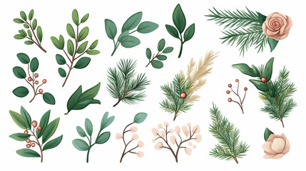 Wall Mural - Watercolor winter botanical illustrations leaves, berries, pine, rose, and pampas grass for holiday design