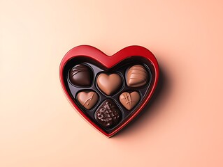 Poster - A heart-shaped box of chocolates with a glossy red exterior, centered on a pastel peach background