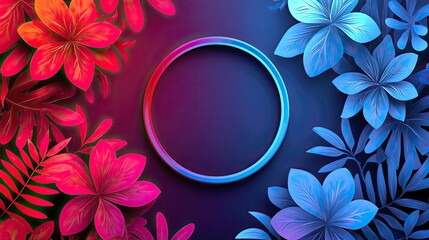 Wall Mural - vibrant neon floral frame: red and blue tropical flowers on dark background. perfect for digital art