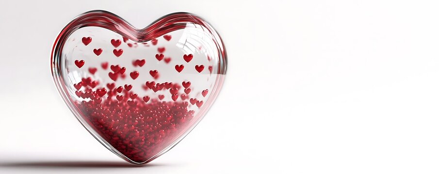 A heart-shaped snow globe with tiny red hearts floating inside, resting on a solid white background