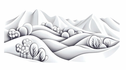 Winter landscape, snowy hills, minimalist mountains, paper cut style, background for website