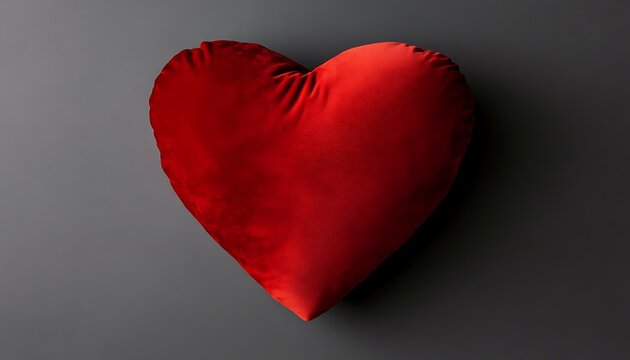 A minimalist heart-shaped pillow in soft velvet red, placed against a solid charcoal gray background