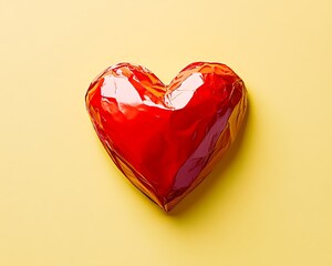 Poster - A minimalist red heart made from glossy paper, sitting perfectly centered on a pastel yellow background