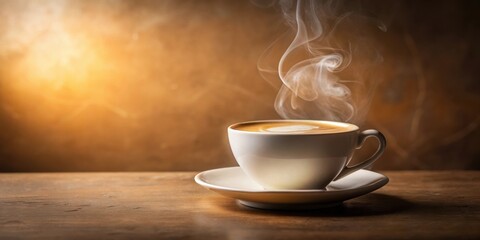 Canvas Print - Aromatic Steam Rising from a Cup of Coffee on Wooden Table