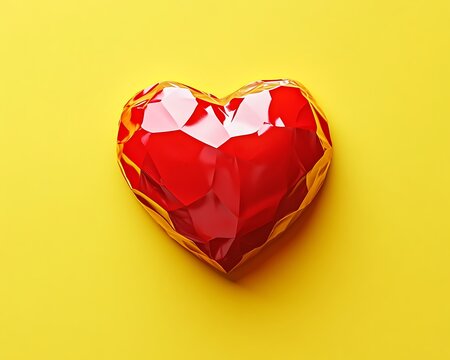 A minimalist red heart made from glossy paper, sitting perfectly centered on a pastel yellow background