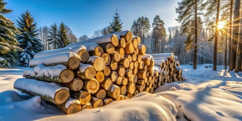 Poster - Winter woodland scene featuring a large stack of snow-covered logs basking in the golden sunlight.