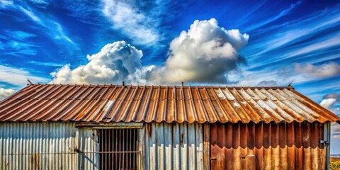 Poster - Rustic corrugated metal shed with rust and weathered texture under a vibrant sky with dramatic clouds