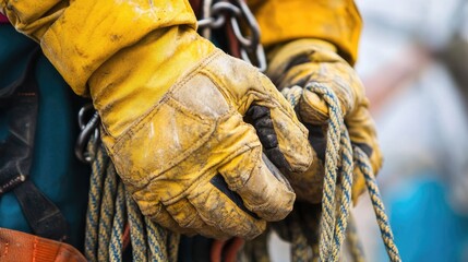 hands in yellow work gloves handling rope, preparing for a high altitude job