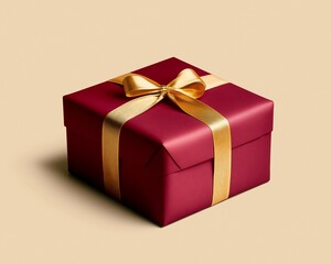 Poster - A perfectly wrapped Valentinea??s Day gift box in deep red with a golden ribbon, centered on a solid beige background