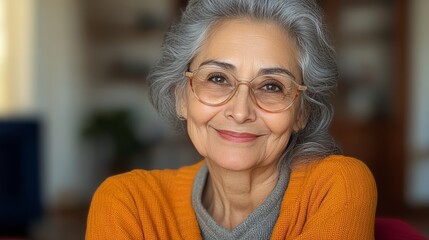 Wall Mural - Woman with glasses and a bright orange sweater is smiling. She looks happy and content. Concept of warmth and positivity