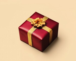 Poster - A perfectly wrapped Valentinea??s Day gift box in deep red with a golden ribbon, centered on a solid beige background