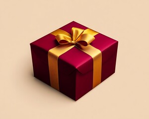 Poster - A perfectly wrapped Valentinea??s Day gift box in deep red with a golden ribbon, centered on a solid beige background