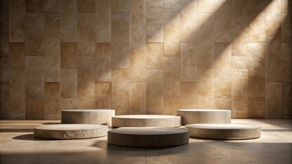 Fototapete - Sunlit Minimalist Stone Platforms on Neutral Tile Floor