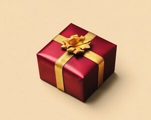 Poster - A perfectly wrapped Valentinea??s Day gift box in deep red with a golden ribbon, centered on a solid beige background