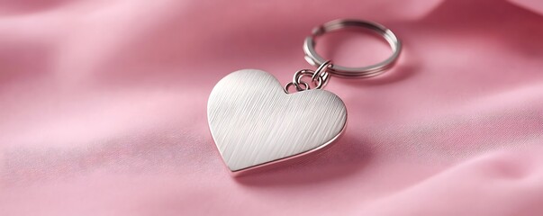 Poster - A simple heart keychain in brushed silver, set on a soft baby pink background for a subtle Valentinea??s aesthetic