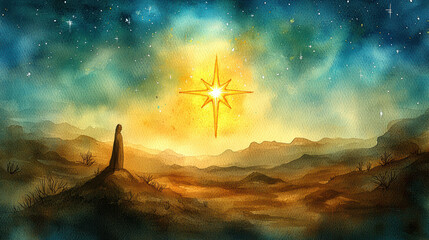 Wall Mural - serene figure stands in desert landscape, illuminated by bright star