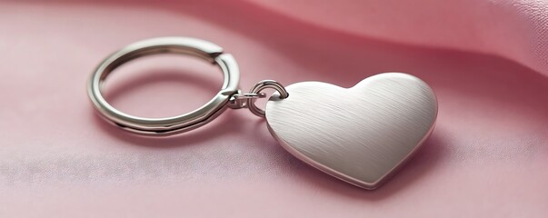 Poster - A simple heart keychain in brushed silver, set on a soft baby pink background for a subtle Valentinea??s aesthetic