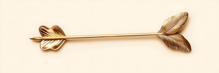 Poster - A single cupida??s bow made of golden metal with a heart-shaped tip, lying elegantly on a solid light cream background
