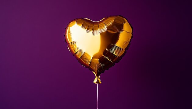 A single heart-shaped helium balloon in metallic gold, floating against a deep purple solid background