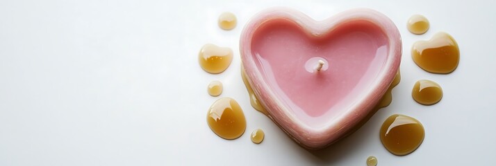 Poster - A single heart-shaped pink candle surrounded by soft wax drips on a clean white background