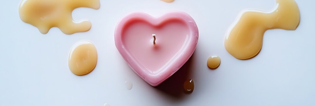 A single heart-shaped pink candle surrounded by soft wax drips on a clean white background