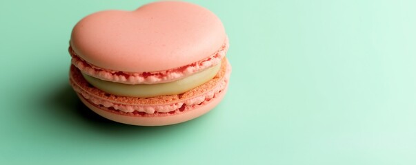 Poster - A single pink macaron with a heart-shaped top, delicately placed on a solid mint green background, perfect for Valentinea??s Day sweetness