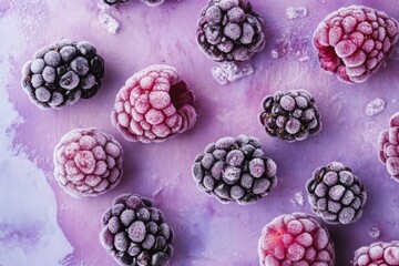 Wall Mural - Frozen Raspberries and Blackberries on Purple Background