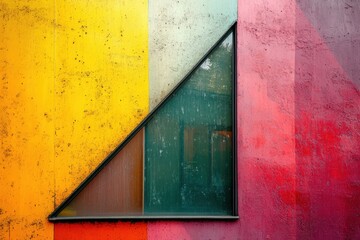 Poster - Vibrant geometric architecture with colorful wall and triangular window design in urban setting