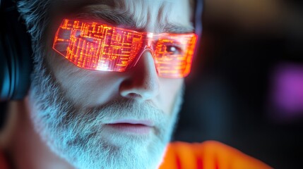 Poster - Man wearing red glasses with a computer screen in the background. The man is wearing headphones and he is focused on the screen
