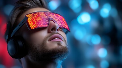 Poster - Man wearing a pair of red and orange virtual reality goggles. He is looking at something in the distance