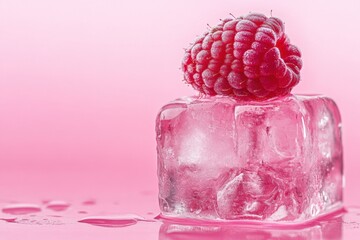 Wall Mural - Raspberry Resting Atop An Ice Cube On Pink