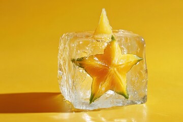 Wall Mural - Star fruit frozen in a cube of ice