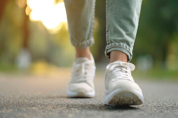 A person walking in park during morning hours with a close-up of walking shoes and pathway, the importance of regular physical exercise for health, vitality, and overall wellness in daily life.