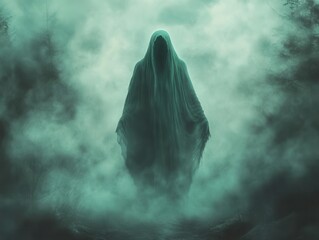 Wall Mural - ethereal spectral figure in flowing robes emerging from misty forest, moonlit atmosphere, otherworld