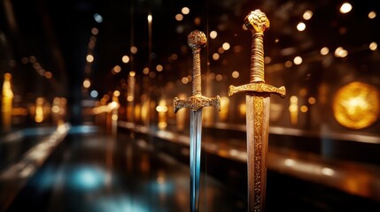 Two beautifully crafted swords positioned in harmony, surrounded by blurred lights, showcasing their elegance and historical significance.