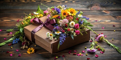 Wall Mural - A rustic brown gift box overflowing with a vibrant summer bouquet of wildflowers, tied with a deep purple ribbon, rests on a dark wooden surface.