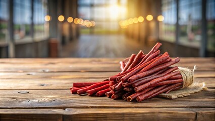 Poster - A rustic wooden table displays a bundle of thin, red, chewy sticks tied with twine.