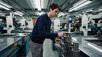 Leinwandbilder - Young worker focuses on precision machining in a busy workshop with advanced equipment in daytime