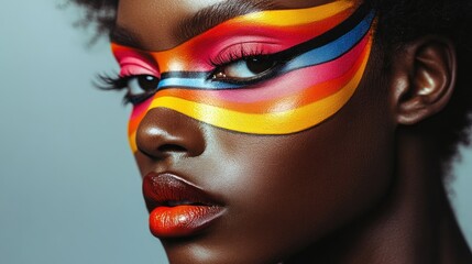 Poster - Vibrant face painting showcases bold colors and artistry focused on beauty and creativity. Generative AI