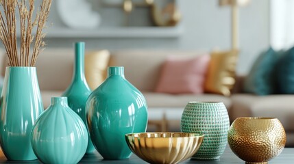 Poster - Vibrant decorative vases and bowls arranged artistically in a bright living room setting. Generative AI